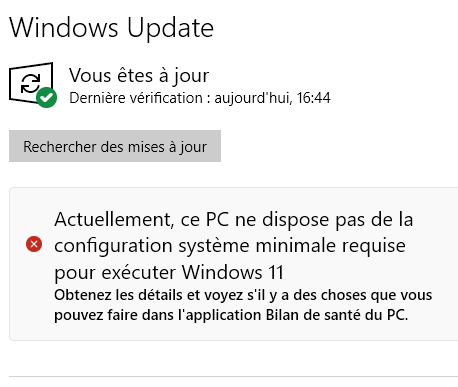 Windows 10 : Actuellement, ce PC ne dispose pas de la configuration système minimale requise pour exécuter Windows 11