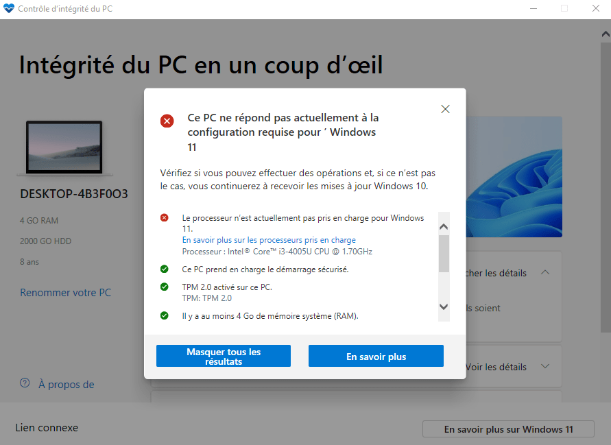 Windows 10 : Le processeur n'est actuellement pas pris en charge pour Windows 11