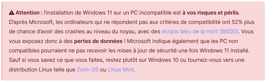 Windows 10 : L’installation de Windows 11 sur un PC incompatible est à vos risques et périls