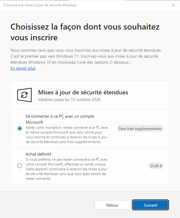 Connecter votre PC à un compte Microsoft ou payer 31,49€