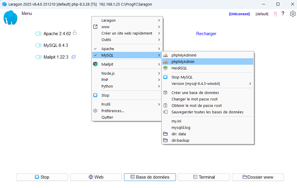 Laragon lancer phpMuAdmin